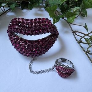 Silver Red Crystal Lips Hinge / Clamper Bracelet with Attached Ring